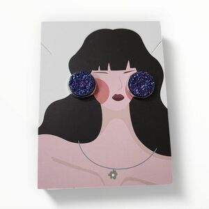 Boutique Faux Druzy Stud Earrings Purple Blue Sparkle Resin Silver Tone